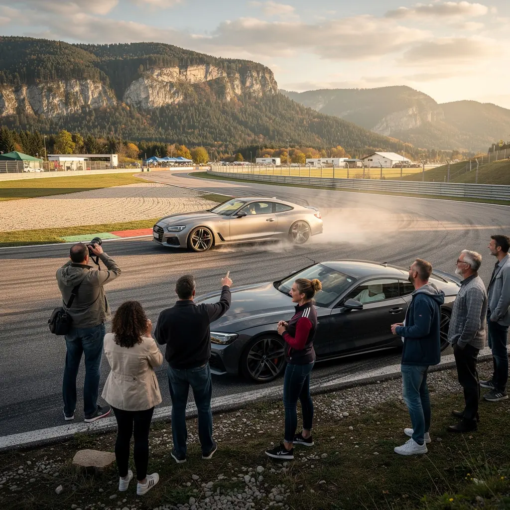 Zwei Freunde genießen eine Testfahrt in einem Sportwagen auf einer Teststrecke.